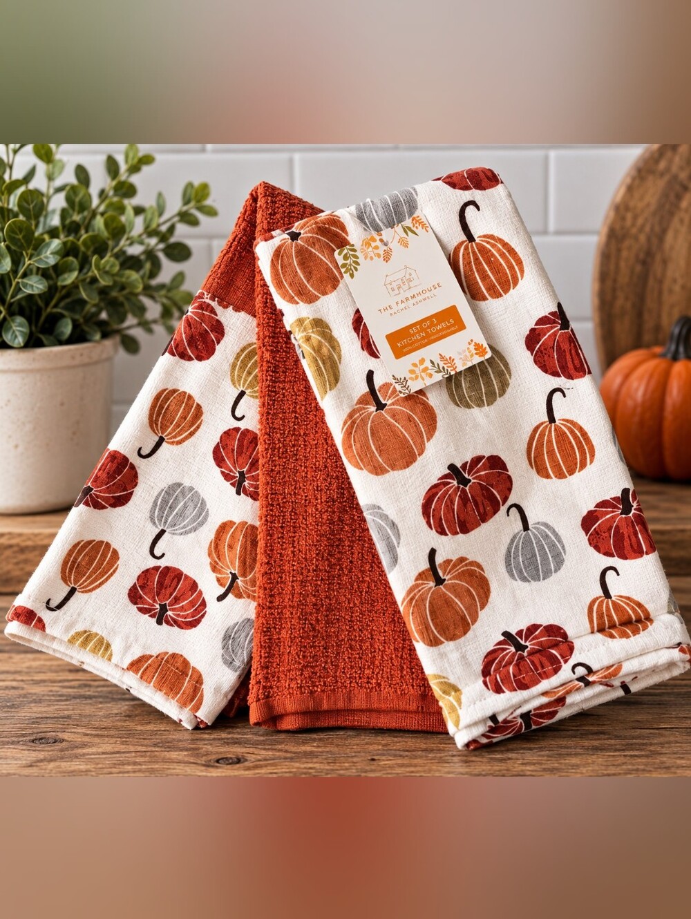 Farmhouse Pumpkin Kitchen Towels - Rust & White Fall Set